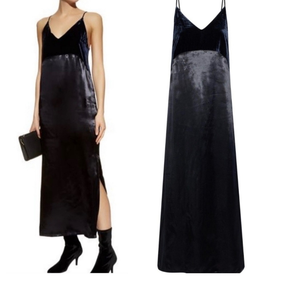 Maje Navy Satin and Velvet Maxi Slip Dress V-Neck Spaghetti Strap Slit Size 1